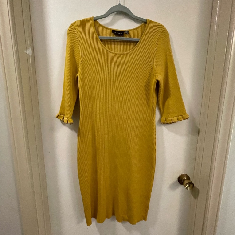 Nina Leonard Mustard Midi Dress with Ruffle Sleeves